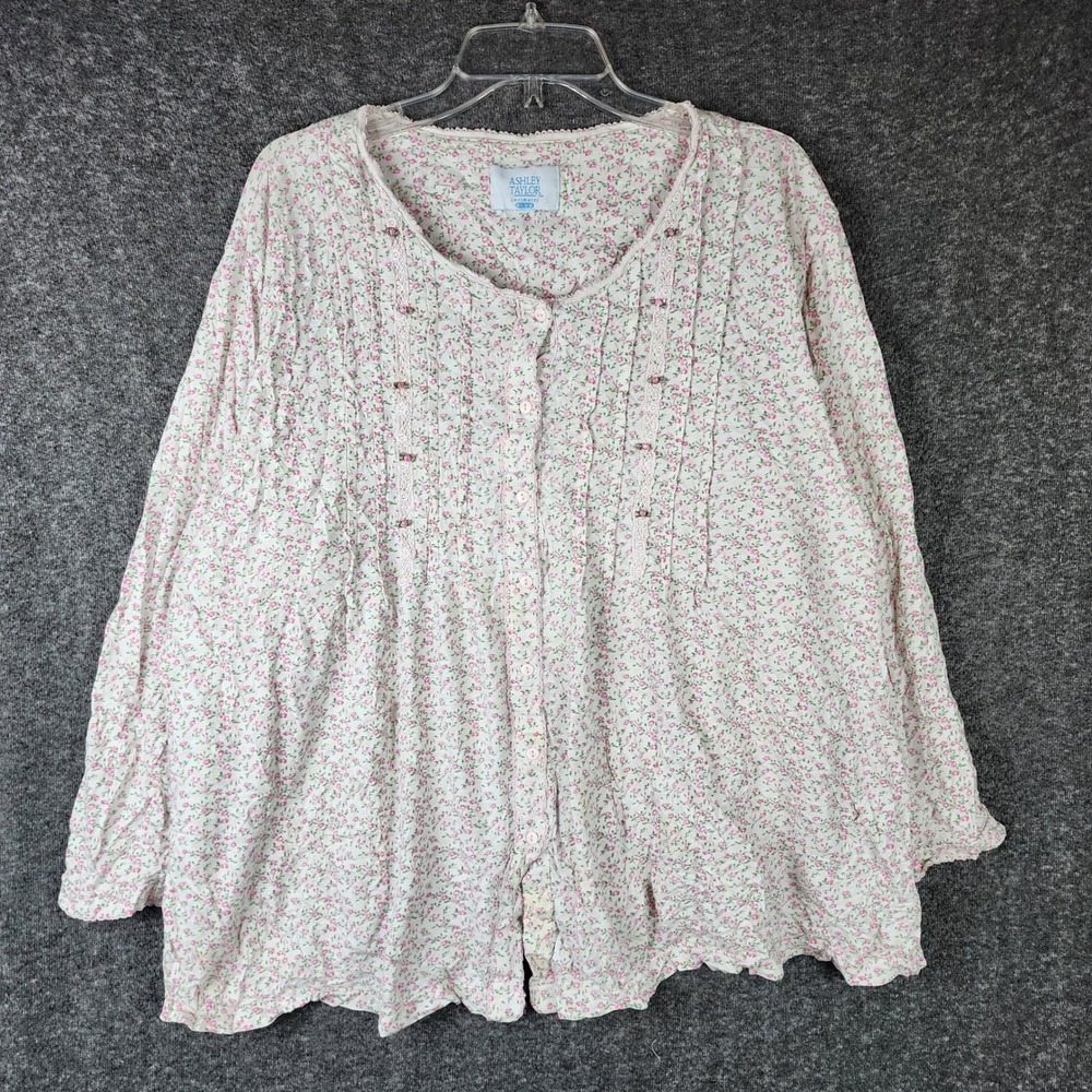Ashley Taylor Pajama Top Womens 1X Floral Lace Trim Button Down Pink Plus EUC